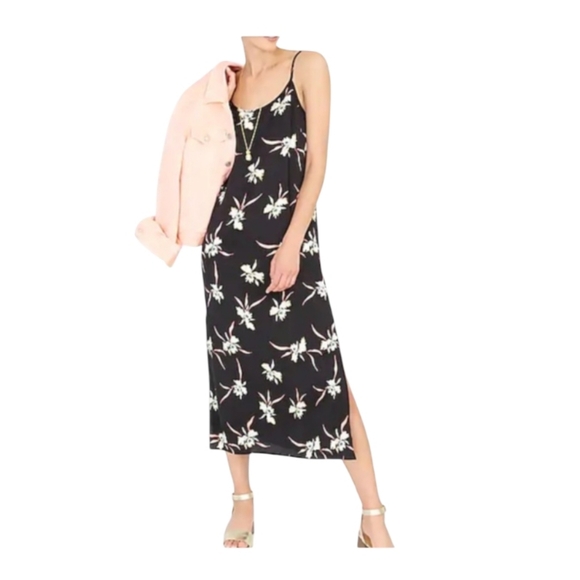 J. Crew Dresses & Skirts - J. Crew Black Floral Kalalau Orchid Slip Midi Dress - Side Slits Size Large